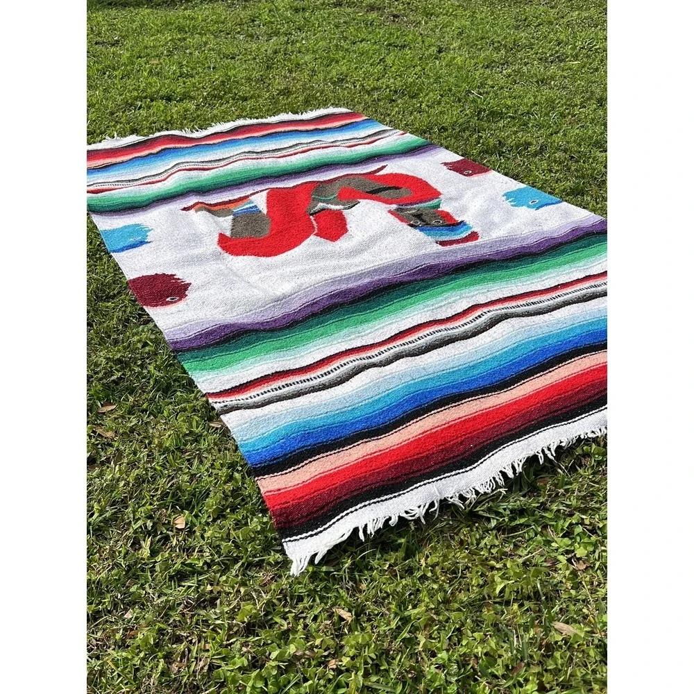Vintage Wool Multicolor‎ Aztec Striped Throw Blanket 77